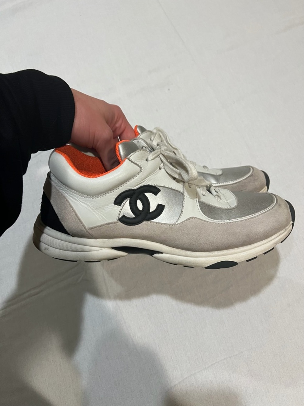 CHANEL White, Gray & Black Suede Leather Runner Sneakers with Orange Lining